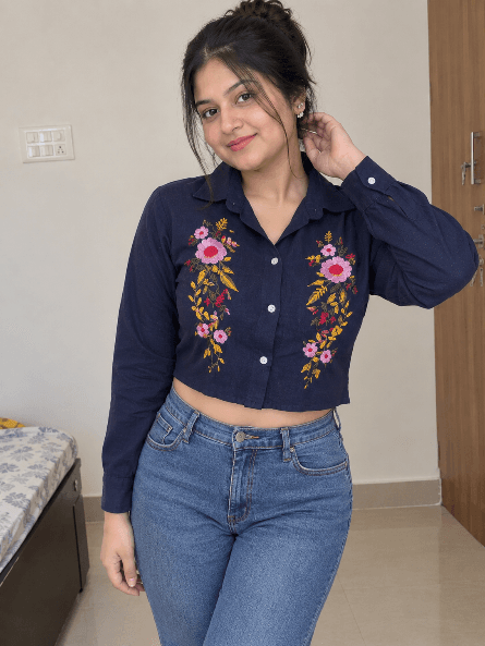 Women's Navy Blue Floral Embroidered Crop Shirt