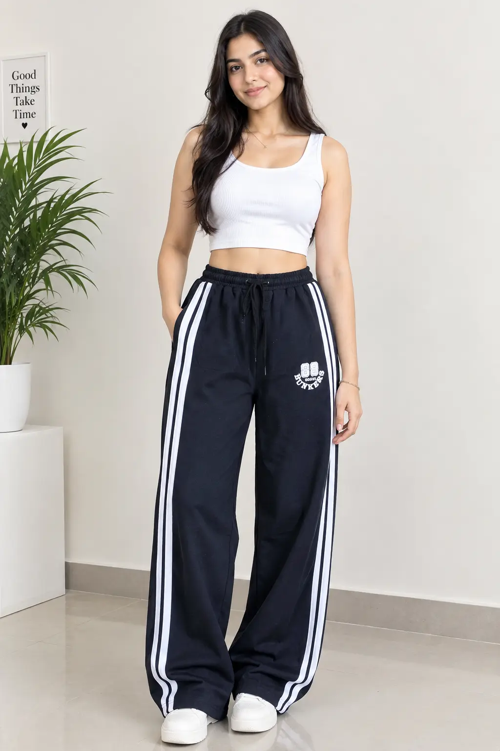Women's Black Wide Leg Track Pants with Side Stripes