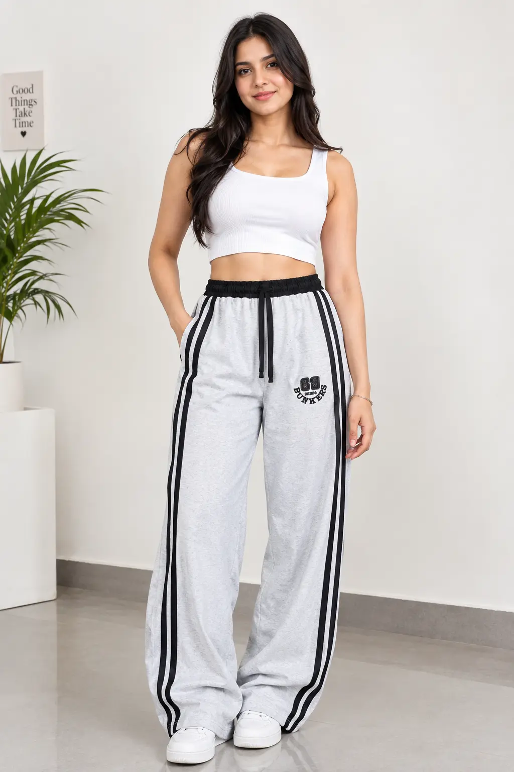 Women's OFF white Wide Leg Track Pants with Side Stripes