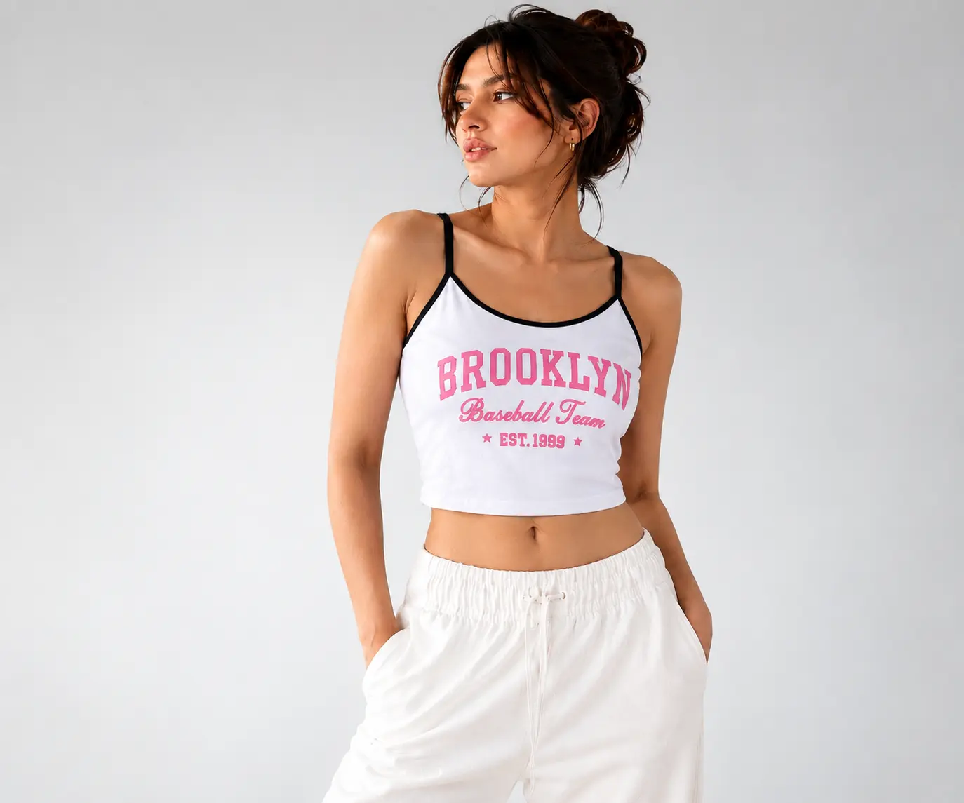 White Brooklyn Graphic Print Padded Crop Top