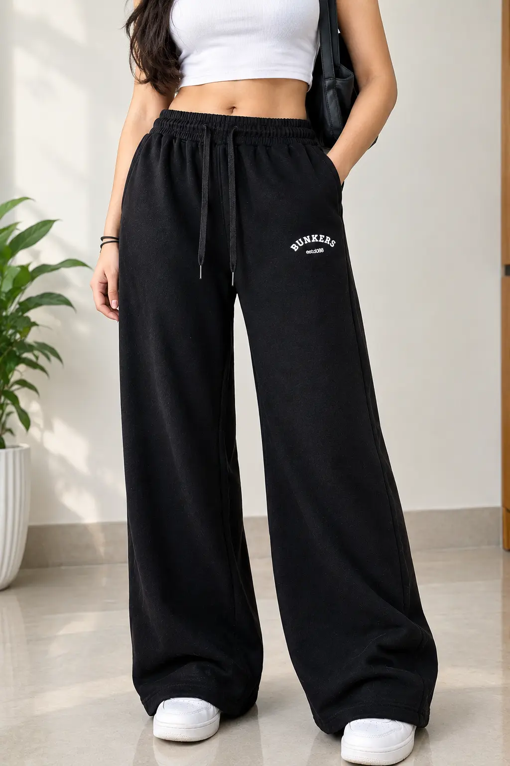 BUNKERS Women Black Wide Leg Track Pants