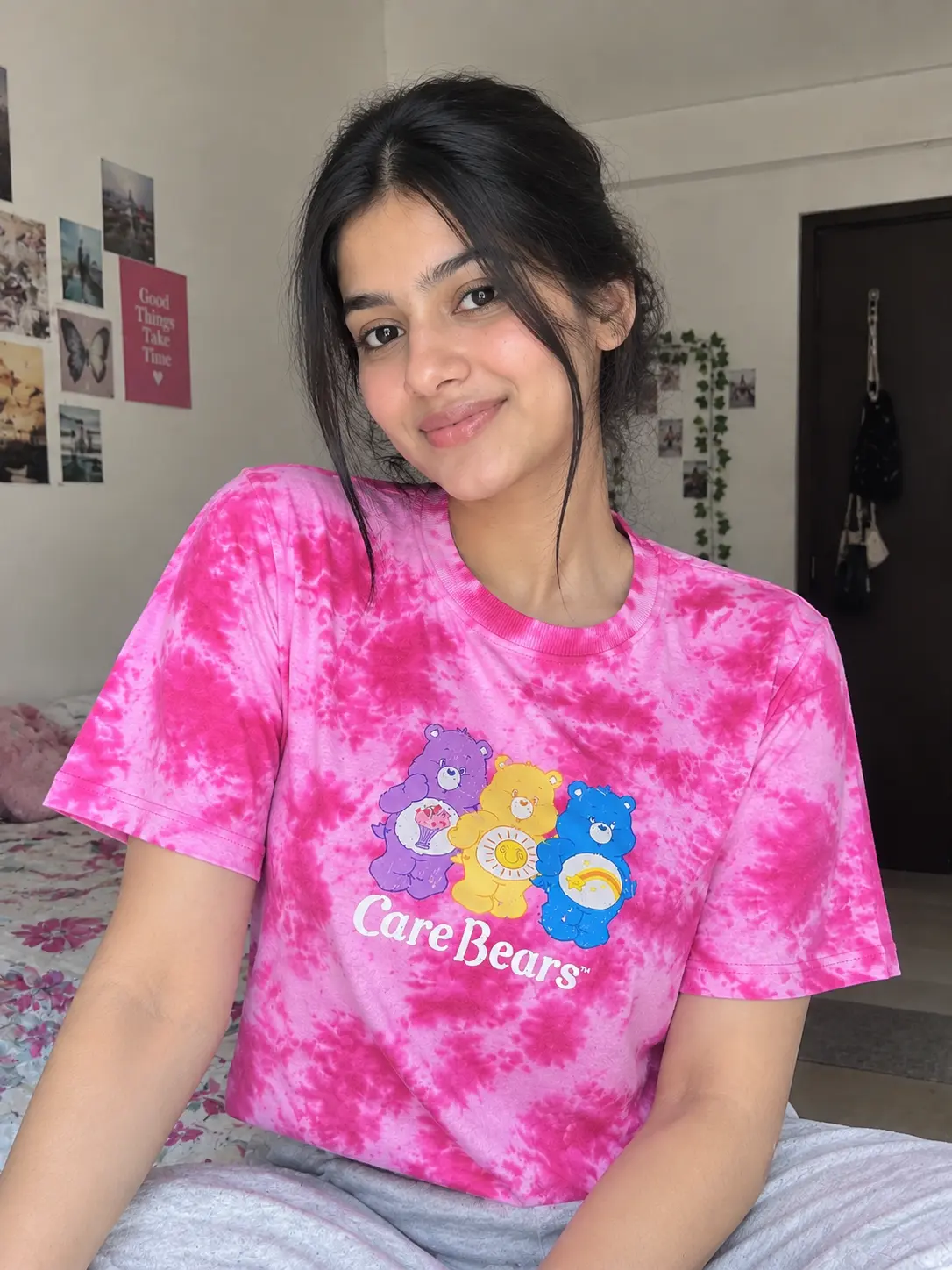 Women's Pink Tie-Dye Care Bears Graphic Crop T-Shirt